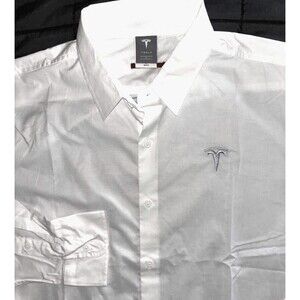 TESLA Logo White Casual Work Button Up Long Sleeve Collared Shirt Men's XL